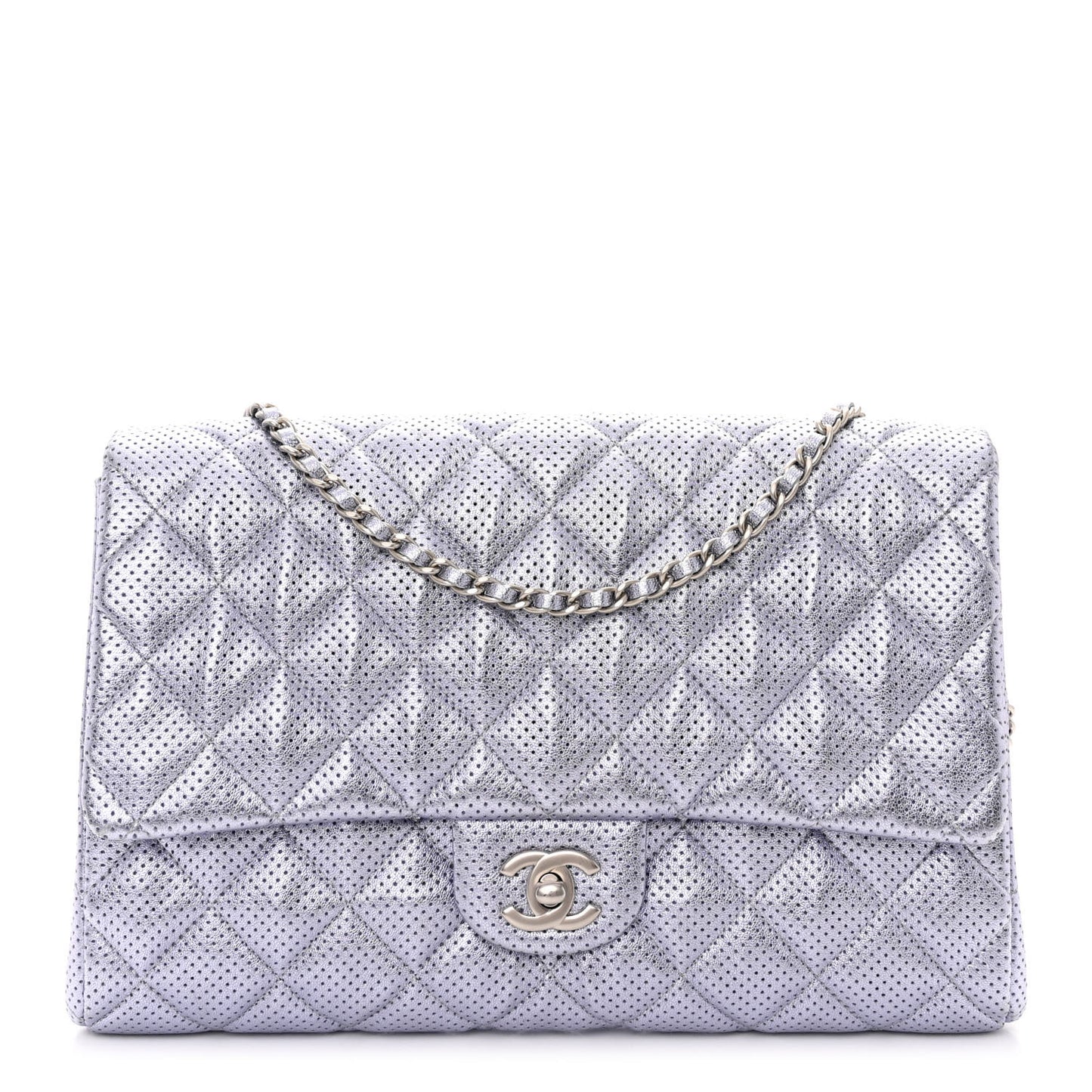 Metallic Perforated Lambskin Quilted Clutch With Chain Flap Silver