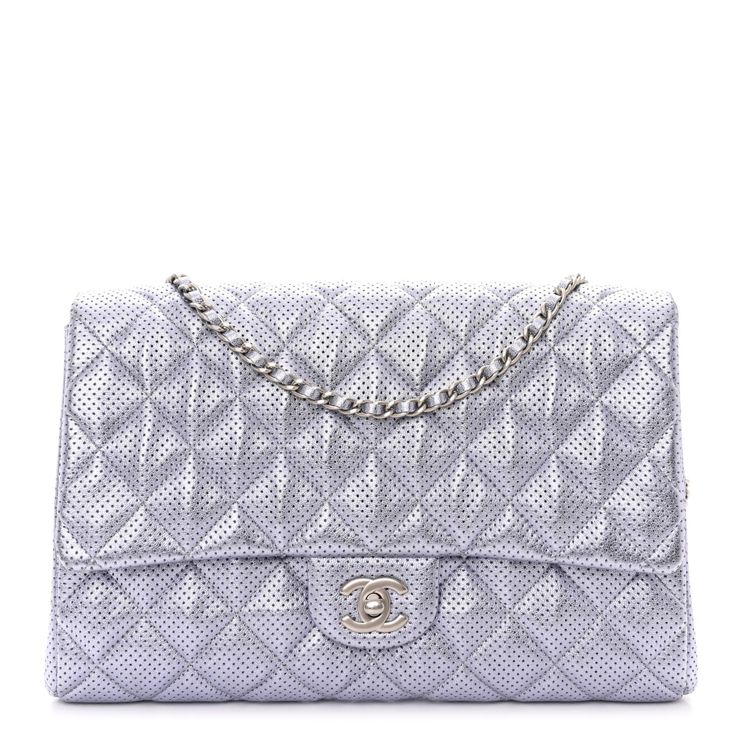 Chanel Metallic Perforated Lambskin Quilted Clutch With Chain Flap Silver 1 of 11