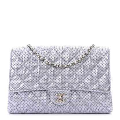 Chanel Metallic Perforated Lambskin Quilted Clutch With Chain Flap Silver 1 of 11