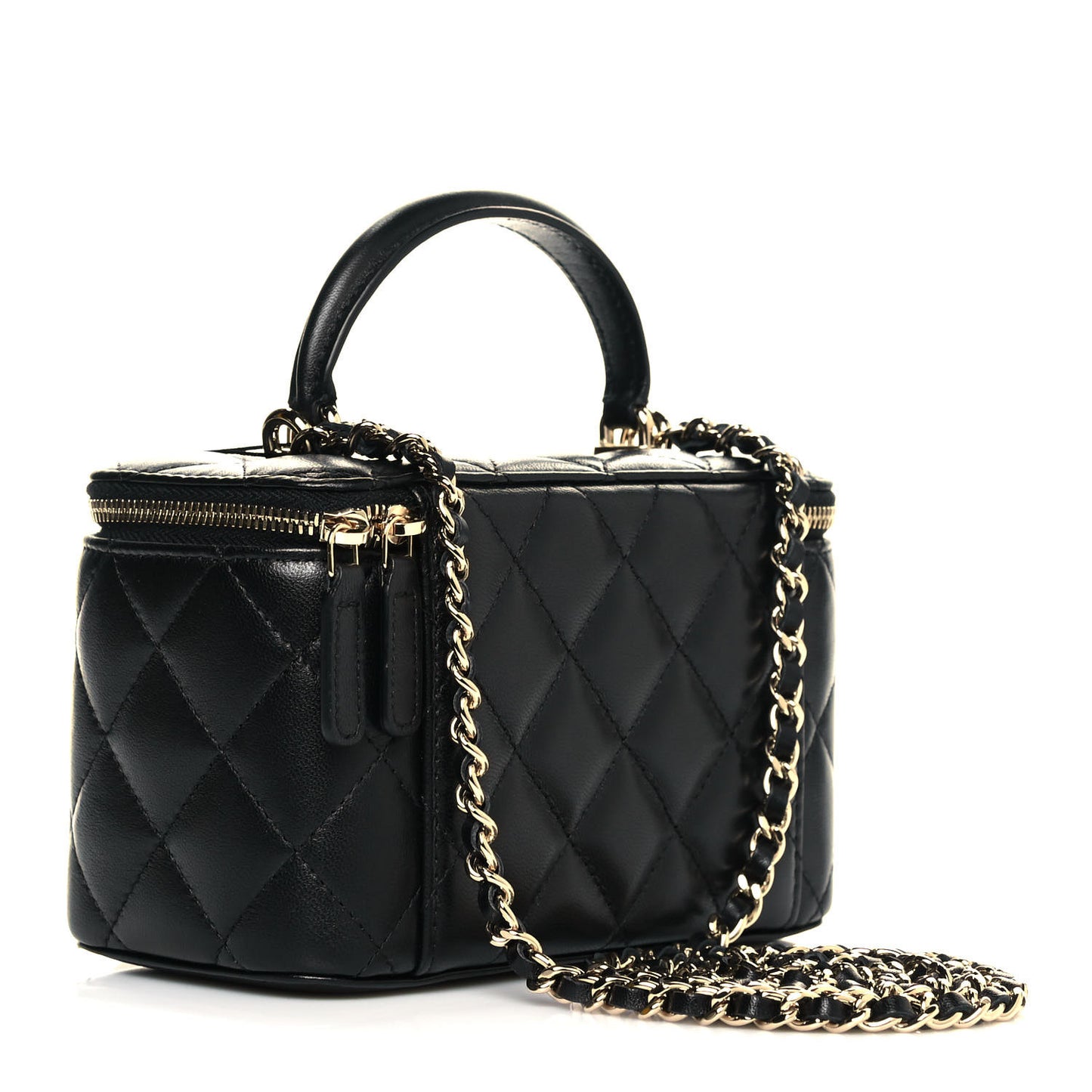Lambskin Quilted Small Top Handle Vanity Case With Chain Black