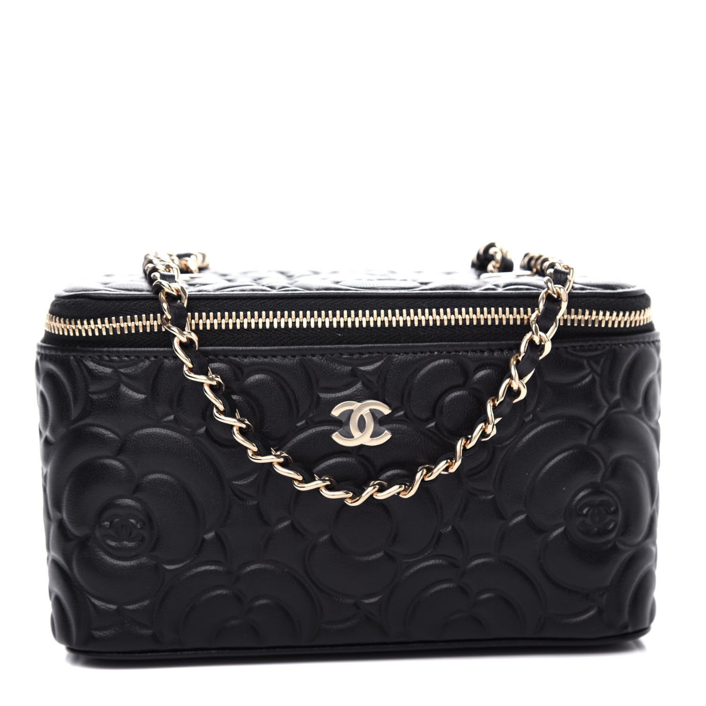 Goatskin Camellia Embossed Quilted Small Vanity Case With Chain Black