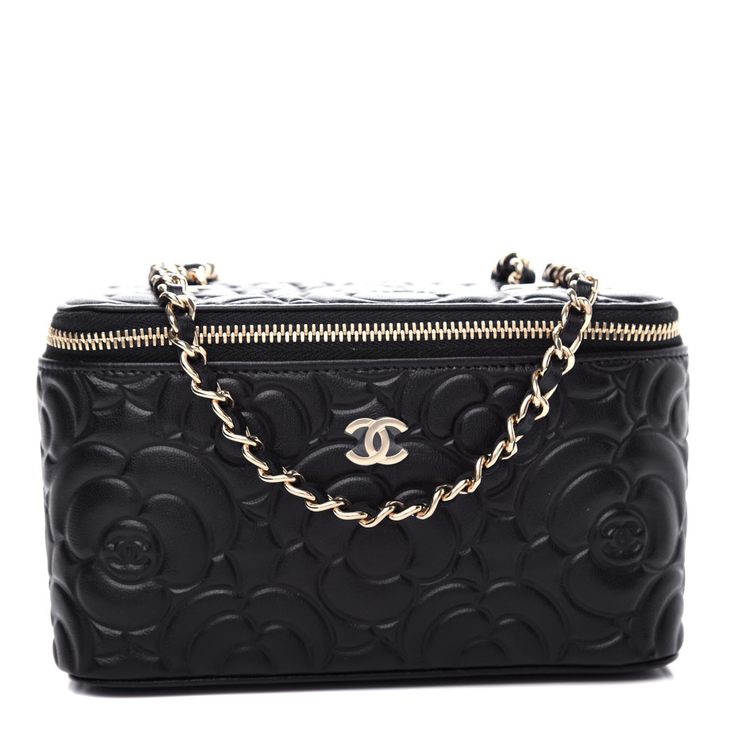 Chanel Goatskin Camellia Embossed Quilted Small Vanity Case With Chain Black 1 of 11