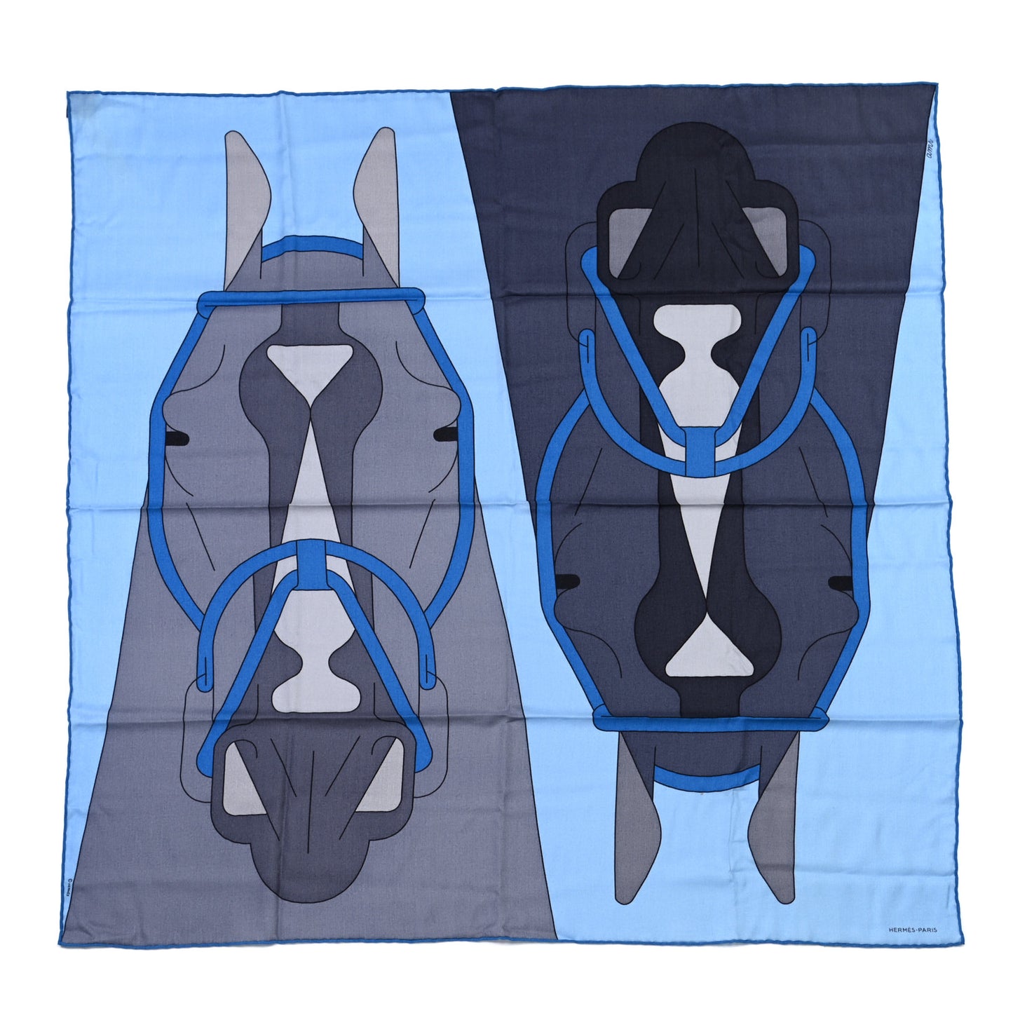 Cashmere Silk Tete a Tete Equestre Scarf 100 Marine Bleu Jean