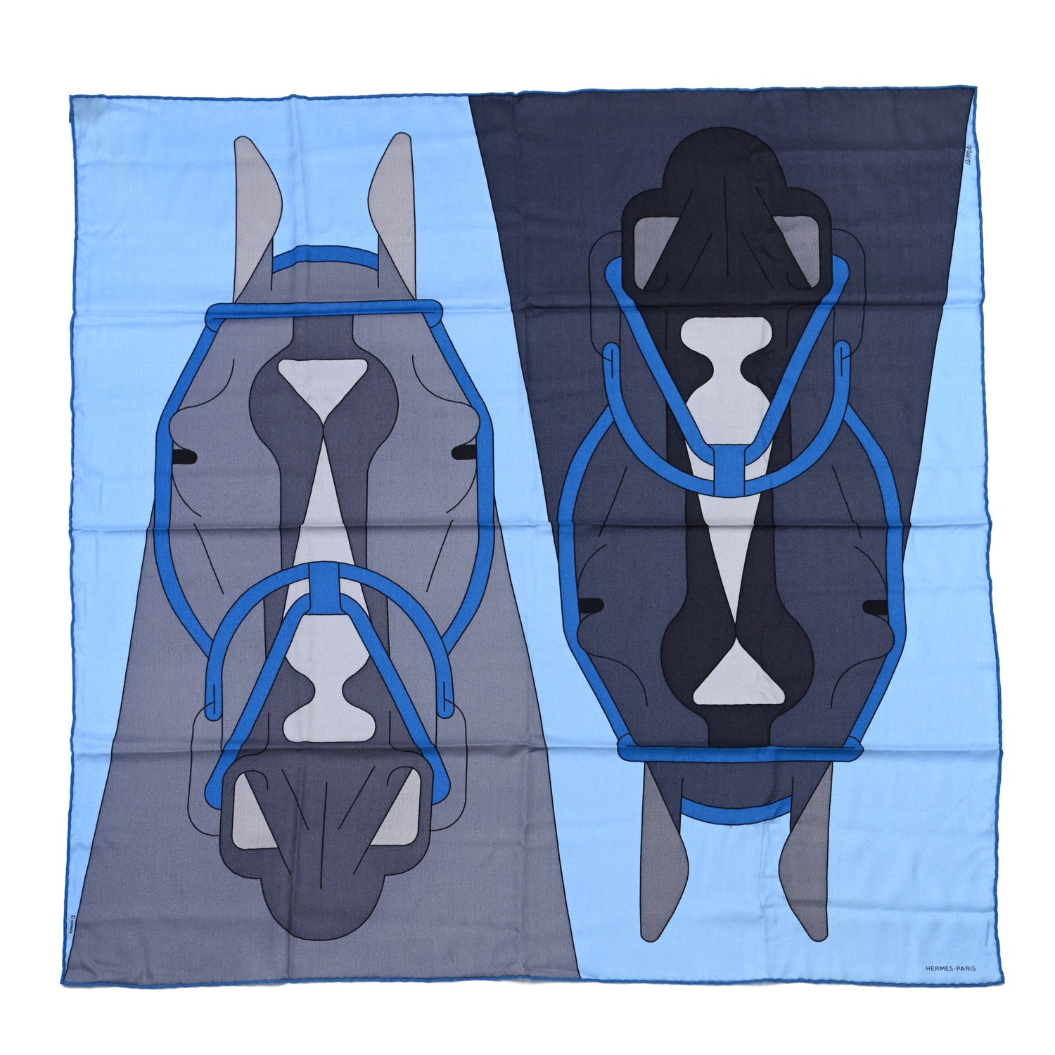 Hermes Cashmere Silk Tete a Tete Equestre Scarf 100 Marine Bleu Jean 1 of 4