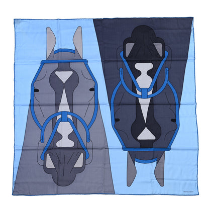 Hermes Cashmere Silk Tete a Tete Equestre Scarf 100 Marine Bleu Jean 1 of 4