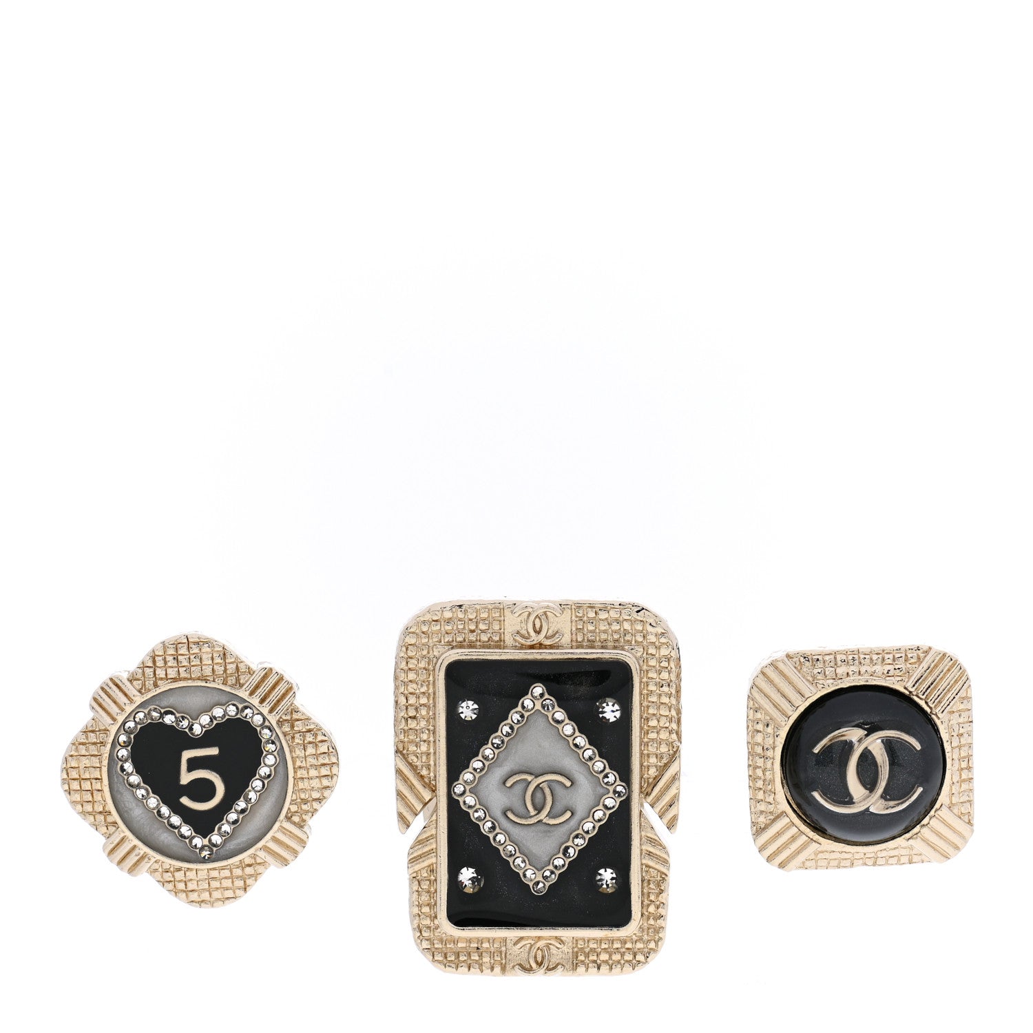 Chanel Resin Crystal Quilted CC Brooch Set Gold Black 1 of 5