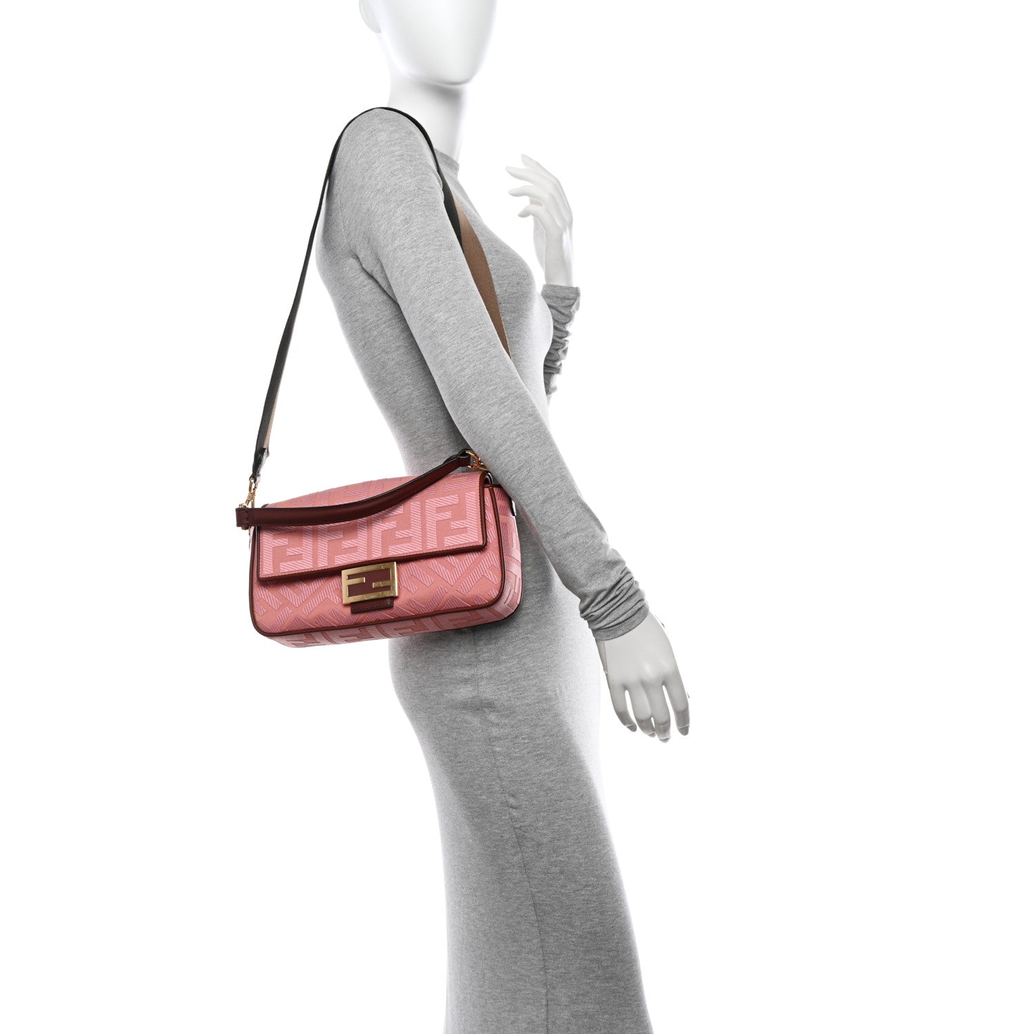 Fendi Canvas Vitello King FF Embroidered Baguette Rosa Praline 2 of 9