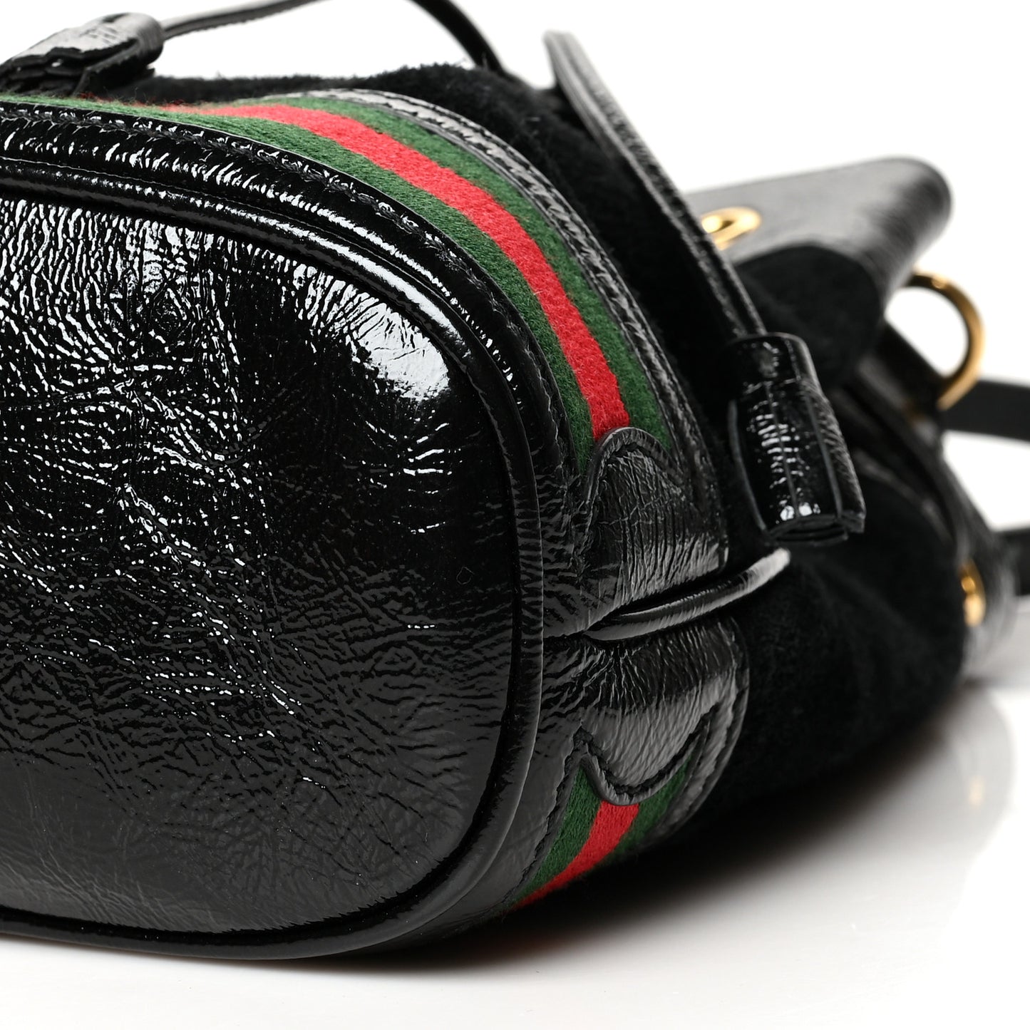 Suede Patent Web Small Ophidia Bucket Bag Black