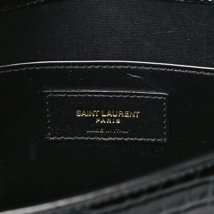 Saint Laurent Shiny Calfskin Crocodile Embossed Manhattan Baguette Black 6 of 10