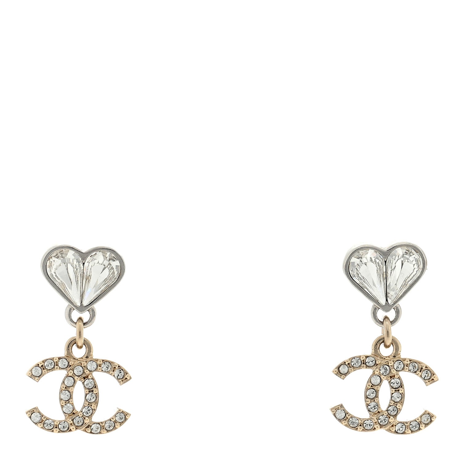 Chanel Crystal CC Heart Drop Earrings Gold Silver 1 of 4