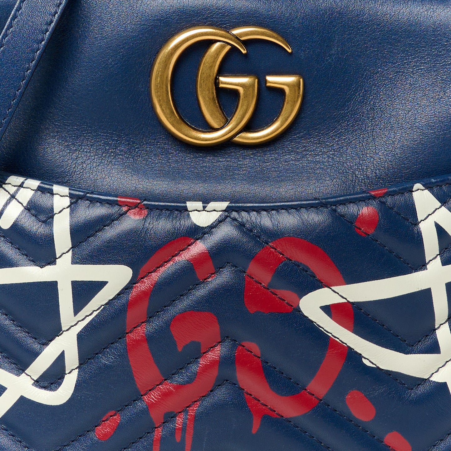 Calfskin Matelasse GucciGhost Medium GG Marmont Chain Shoulder Bag Blue Agata Hibiscus Red