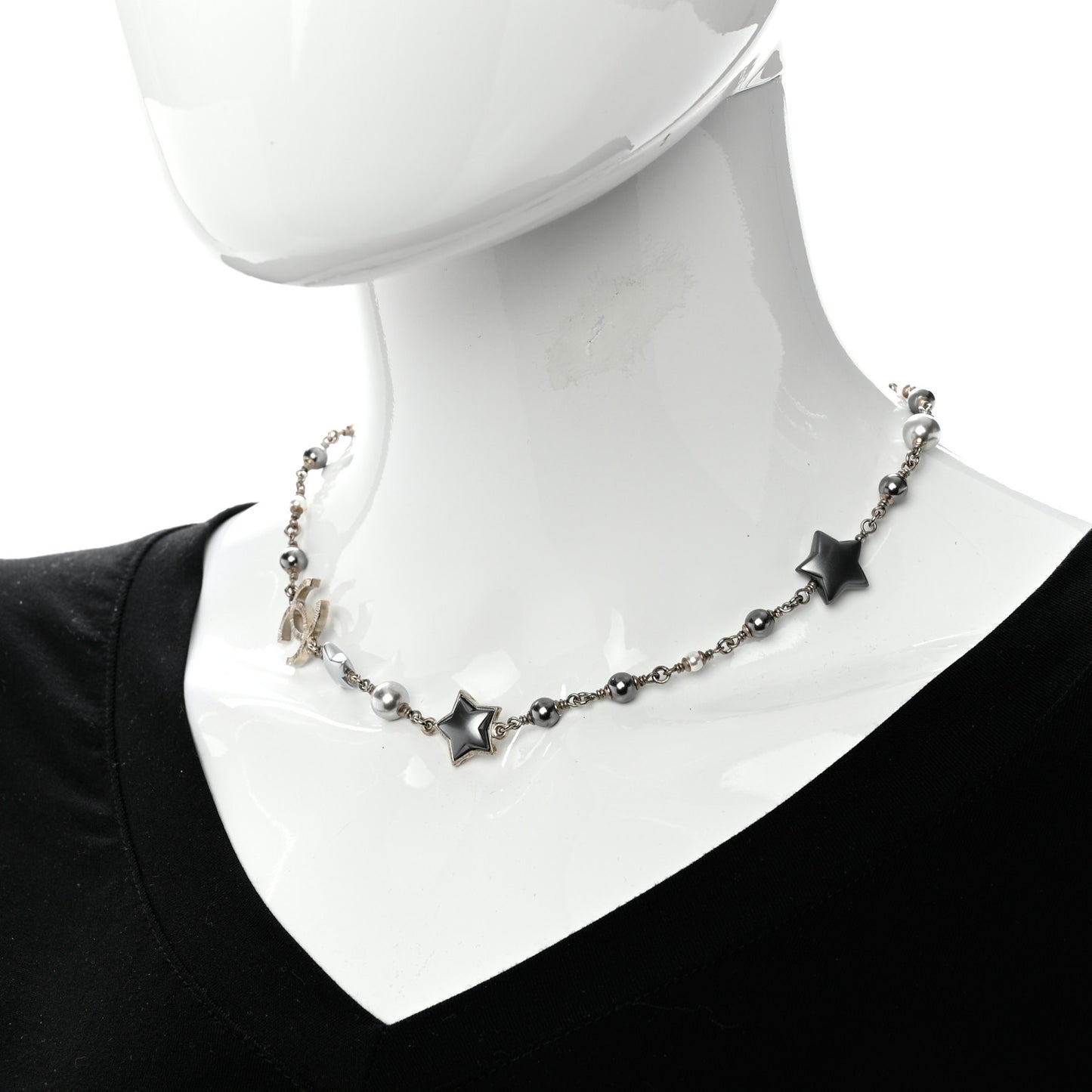 Metal Resin Pearl Star CC Necklace Silver