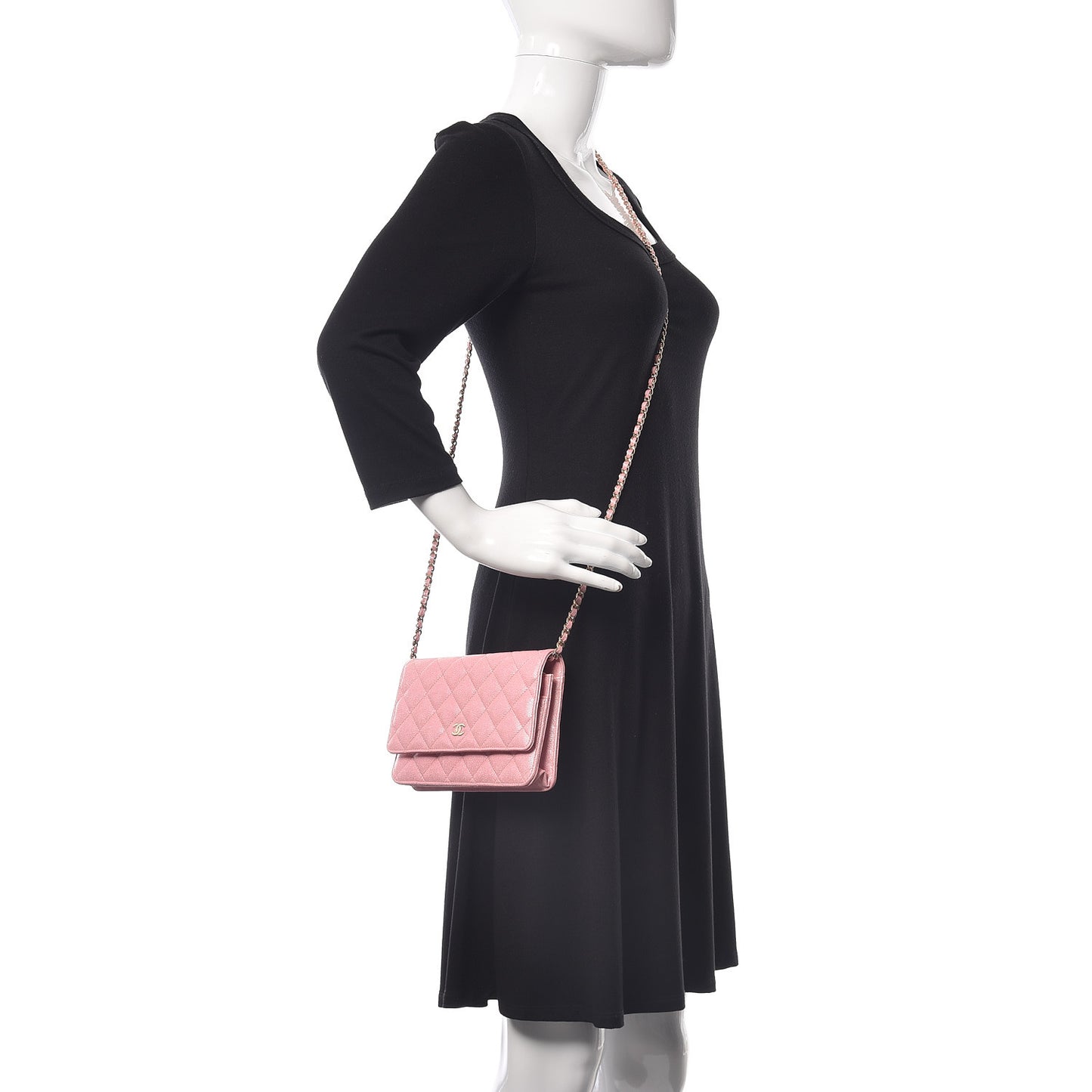 Iridescent Caviar Quilted Wallet on Chain WOC Rose Pink