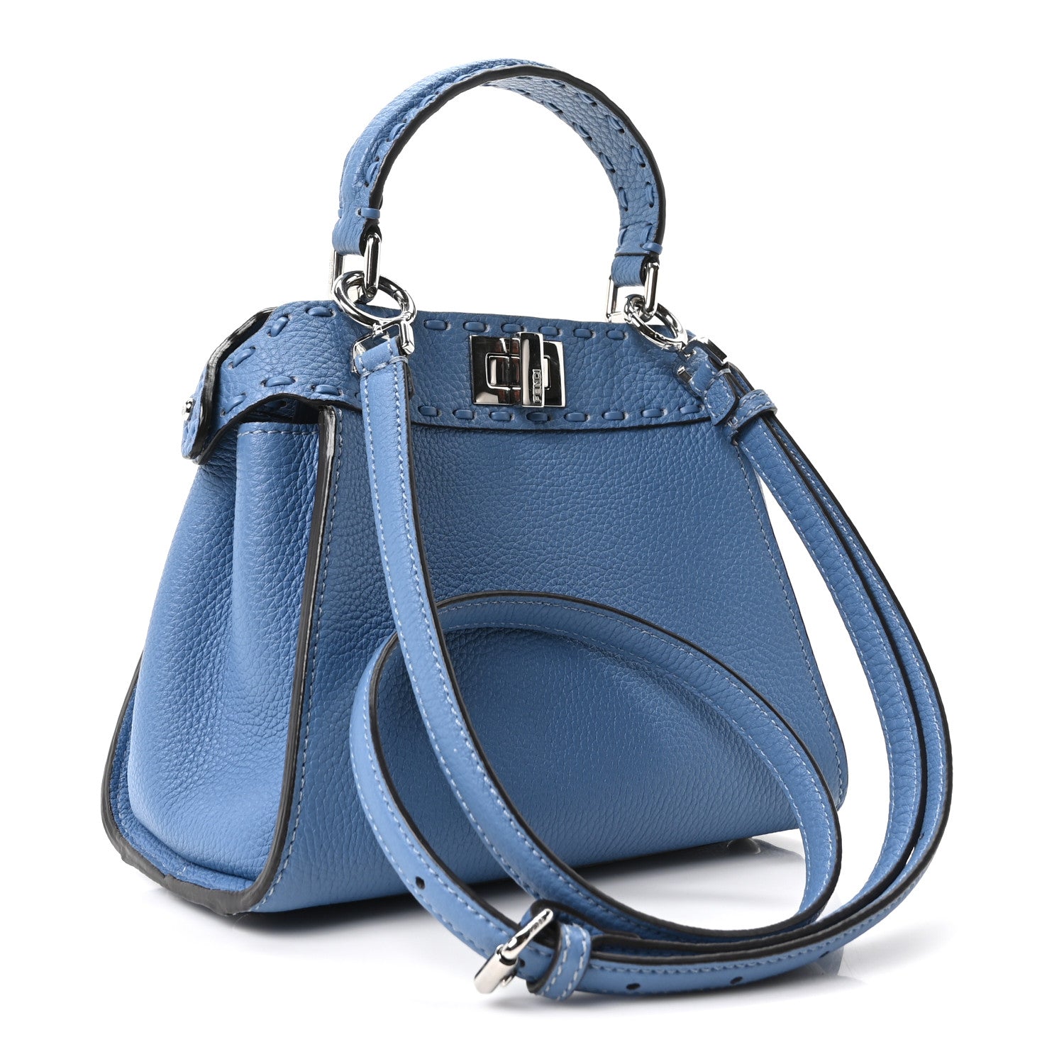 Fendi Cuoio Romano Selleria Macro Stitchings Mini Peekaboo Iconic Satchel Argento Blue 3 of 9
