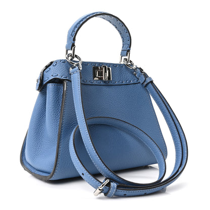 Fendi Cuoio Romano Selleria Macro Stitchings Mini Peekaboo Iconic Satchel Argento Blue 3 of 9