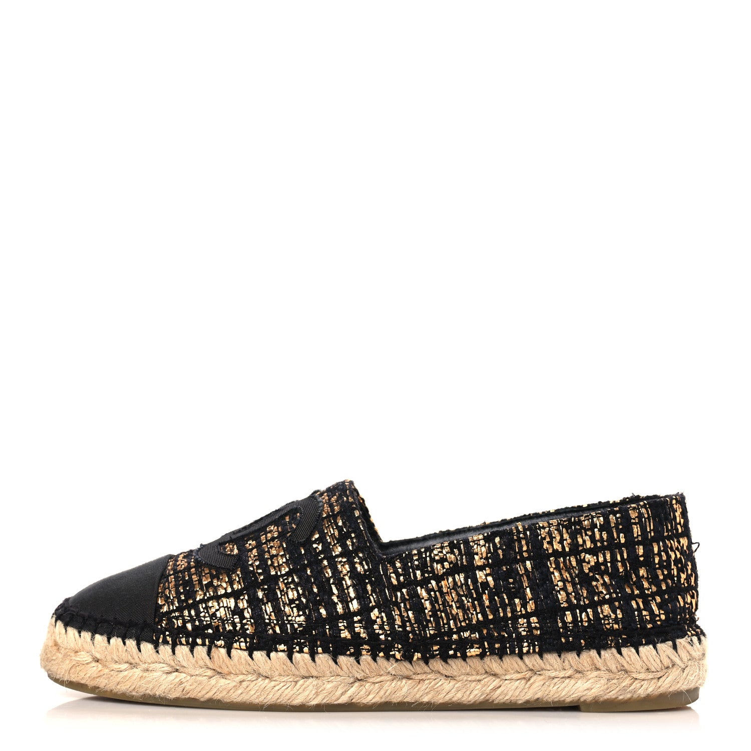 Chanel Metallic Tweed Grosgrain CC Espadrilles 36 Black Gold 1 of 8