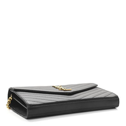 Saint Laurent Grain De Poudre Matelasse Chevron Monogram Chain Wallet Black 3 of 9