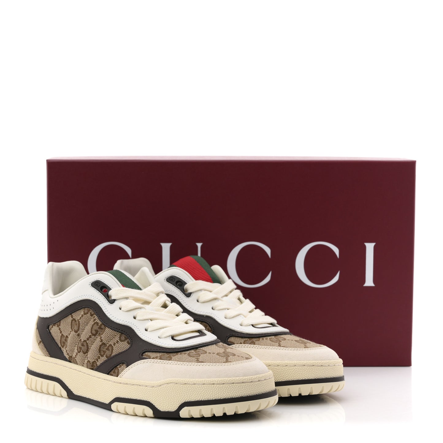 Calfskin Suede GG Monogram Re-Web Womens Sneakers 37 White Beige Ebony