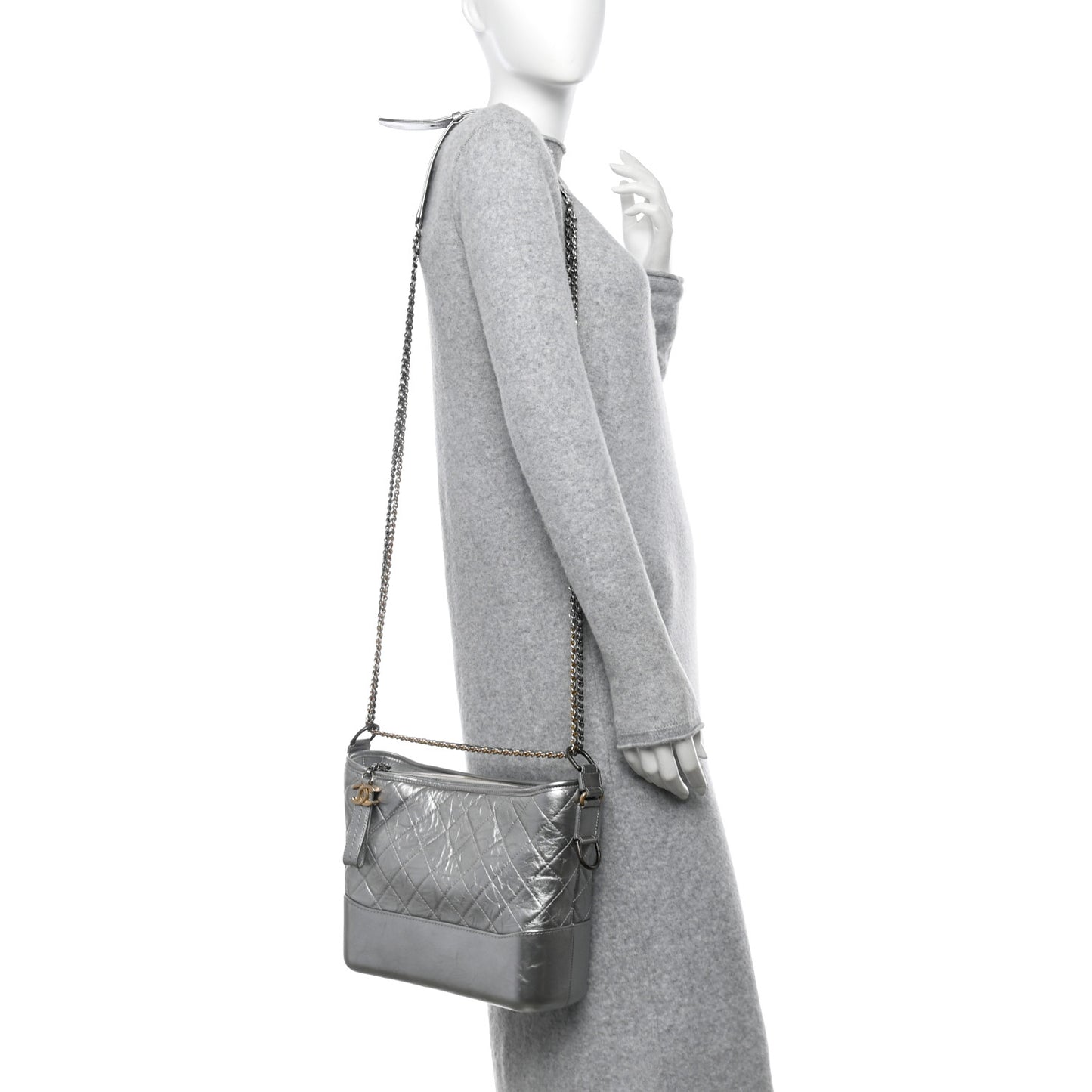 Metallic Aged Calfskin Quilted Medium Gabrielle Hobo Silver