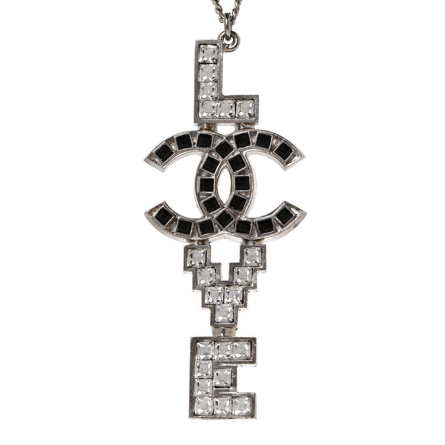 Baguette Crystal Coco Love CC Pendant Necklace Silver Black