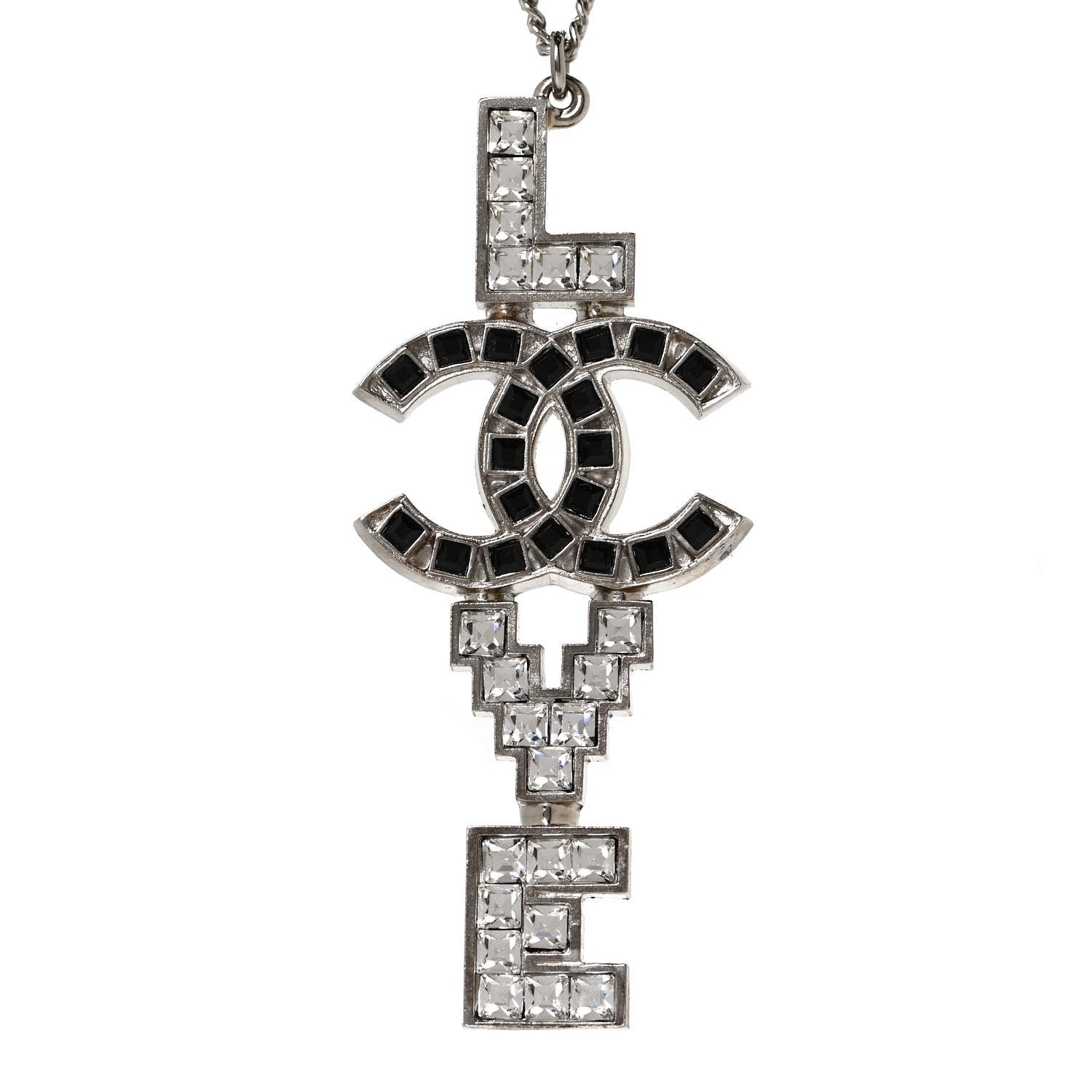 Chanel Baguette Crystal Coco Love CC Pendant Necklace Silver Black 4 of 7