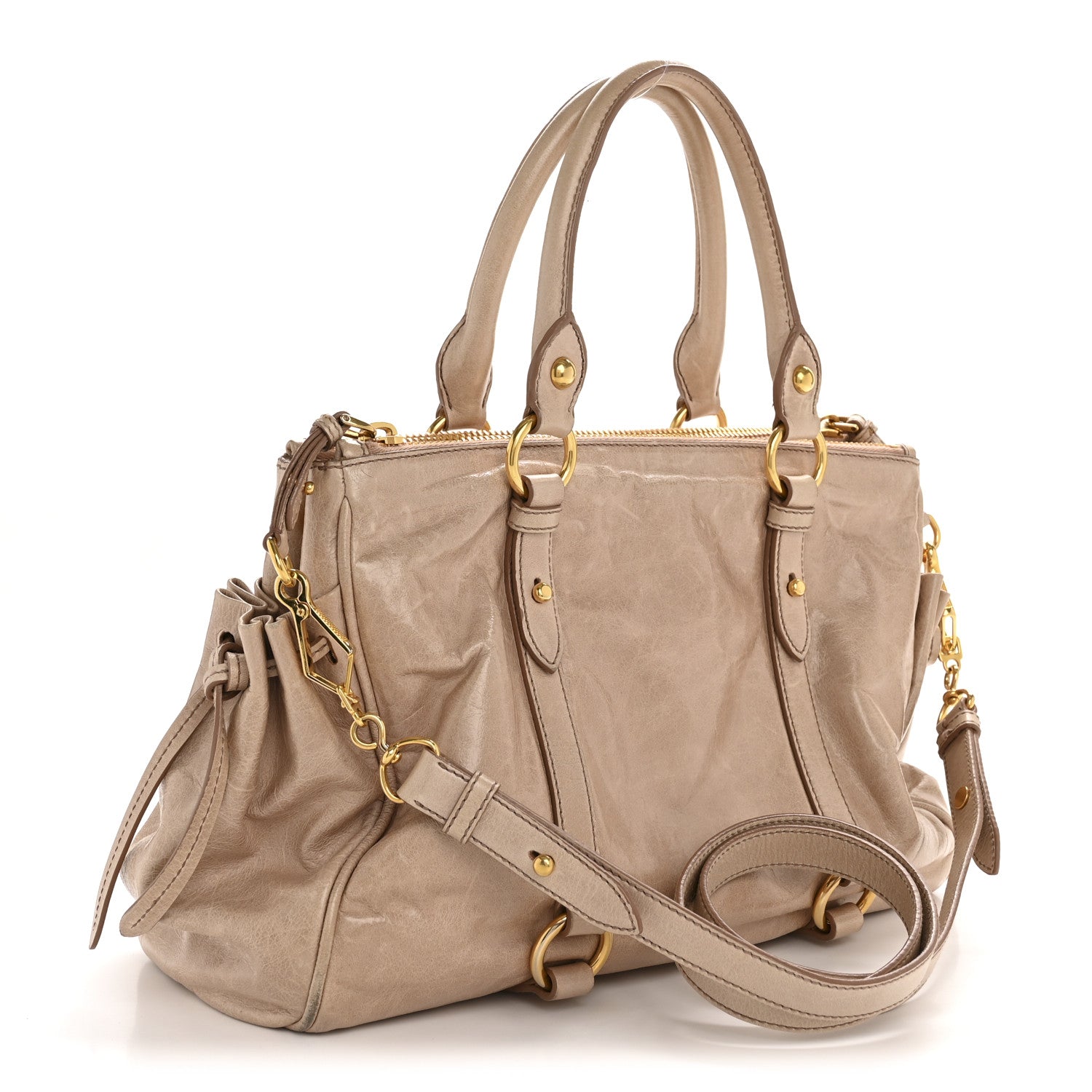 Miu Miu Vitello Shine Double Zip Tote Cammeo 1766990 – FASHIONPHILE