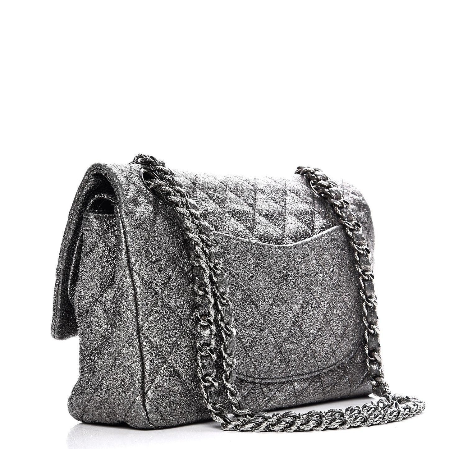 Metallic Crackled Calfskin Medium Double Flap Argent Fonce