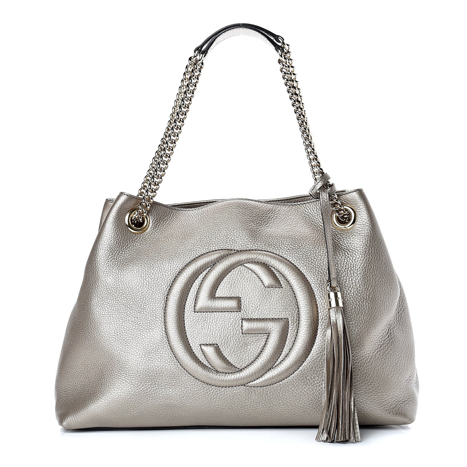 Gucci Metallic Pebbled Calfskin Medium Soho Chain Shoulder Bag Golden Beige 1 of 13