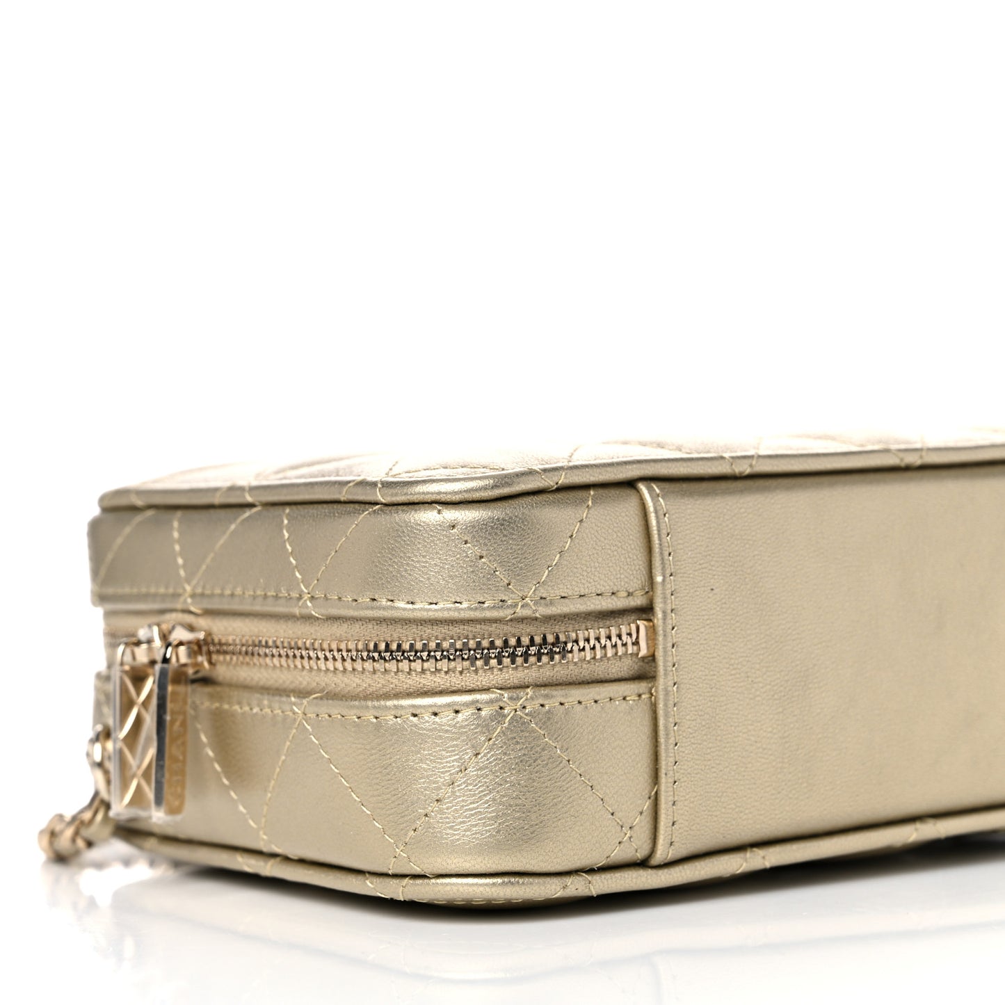 Metallic Lambskin Quilted Top Handle Vanity Case Gold