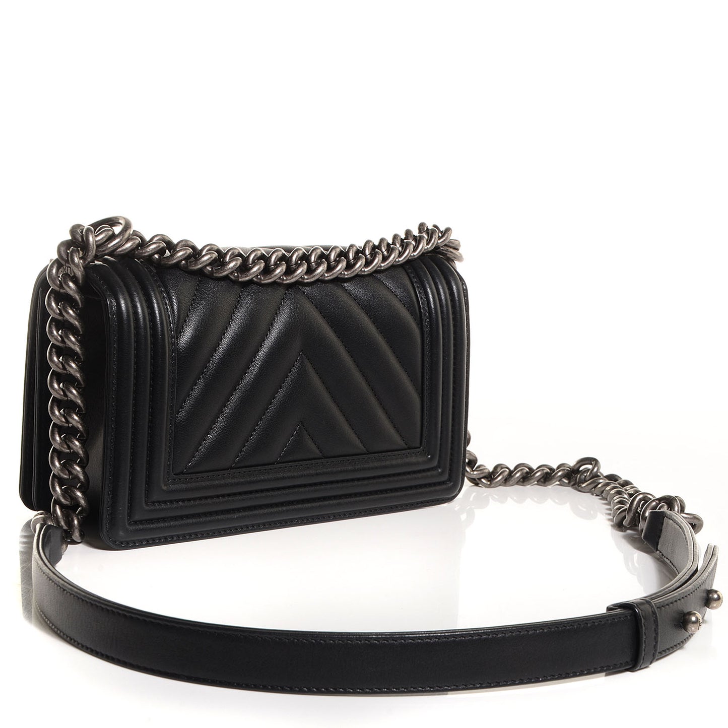 Calfskin Chevron Quilted Small Boy Flap Black