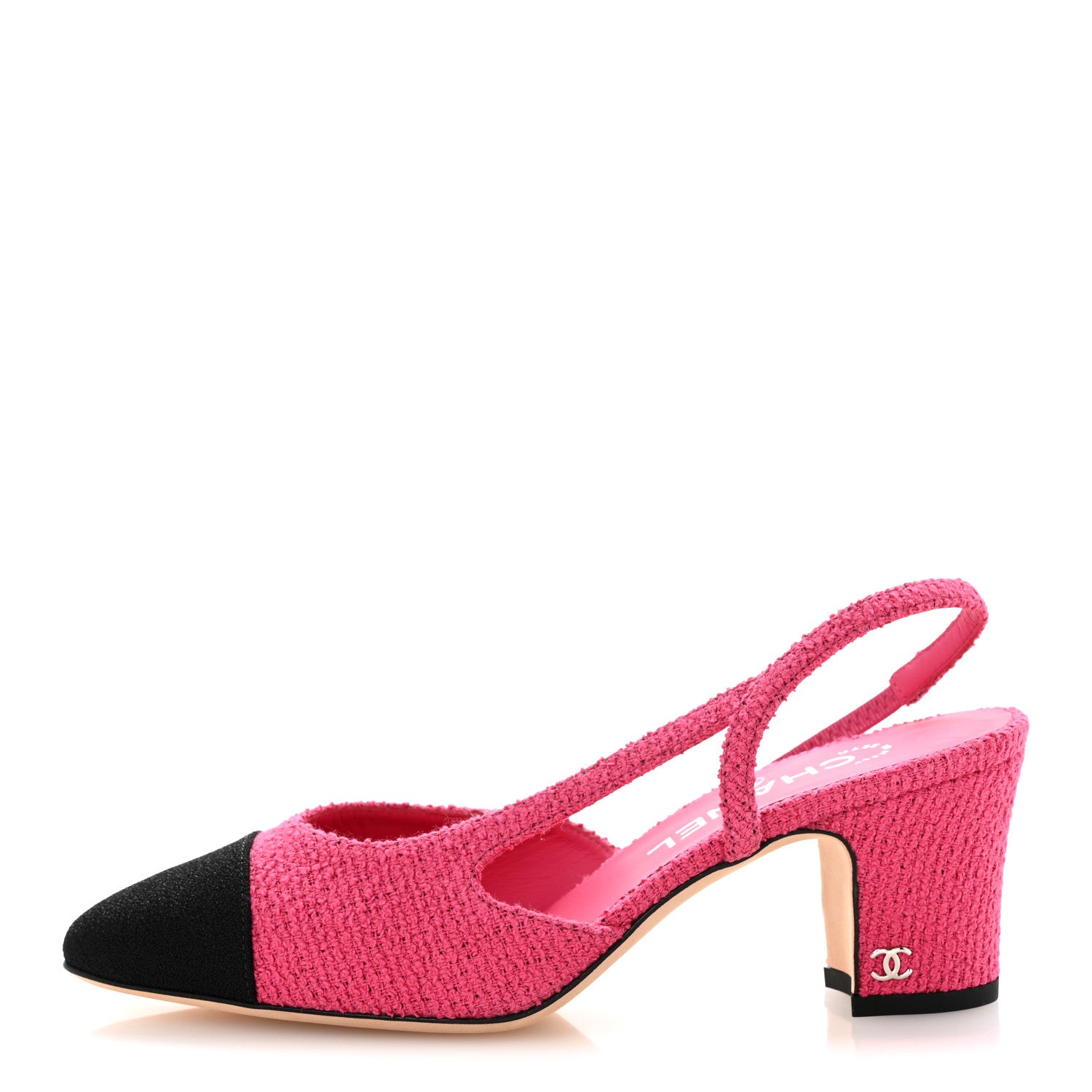 Chanel Tweed Grosgrain Cap Toe CC Slingback Pumps 37 Pink Black 1 of 12