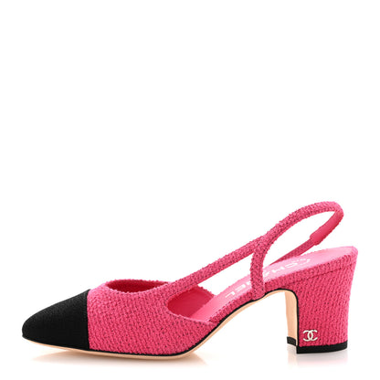 Chanel Tweed Grosgrain Cap Toe CC Slingback Pumps 37 Pink Black 1 of 12