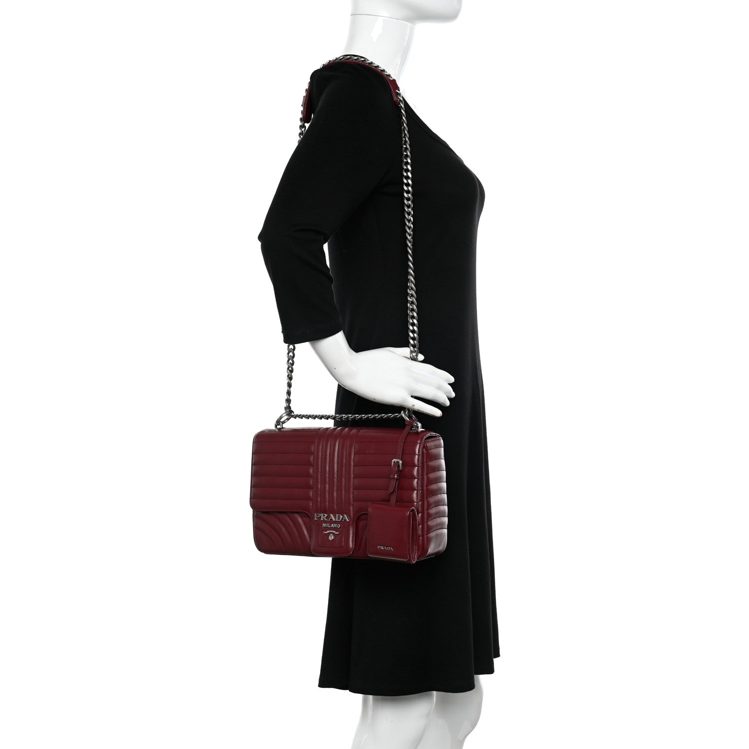 Prada Soft Calfskin Impunture Diagramme Large Chain Flap Shoulder Bag Cerise 2 of 10