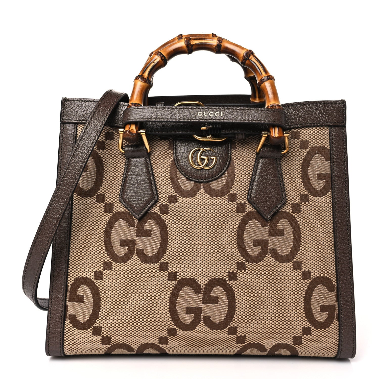 Gucci Monogram Jumbo GG Textured Dollar Calfskin Small Diana Tote Bag Camel Ebony New Acero 1 of 9