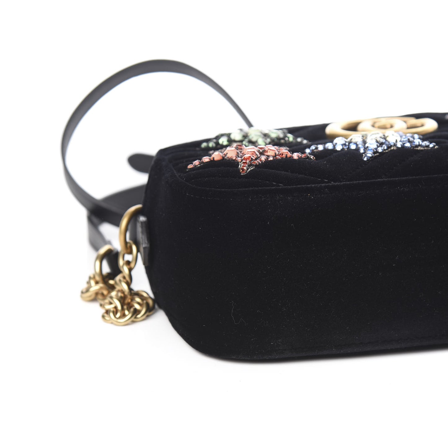 Velvet Matelasse Crystal Star Embroidered Small GG Marmont Chain Shoulder Bag Black