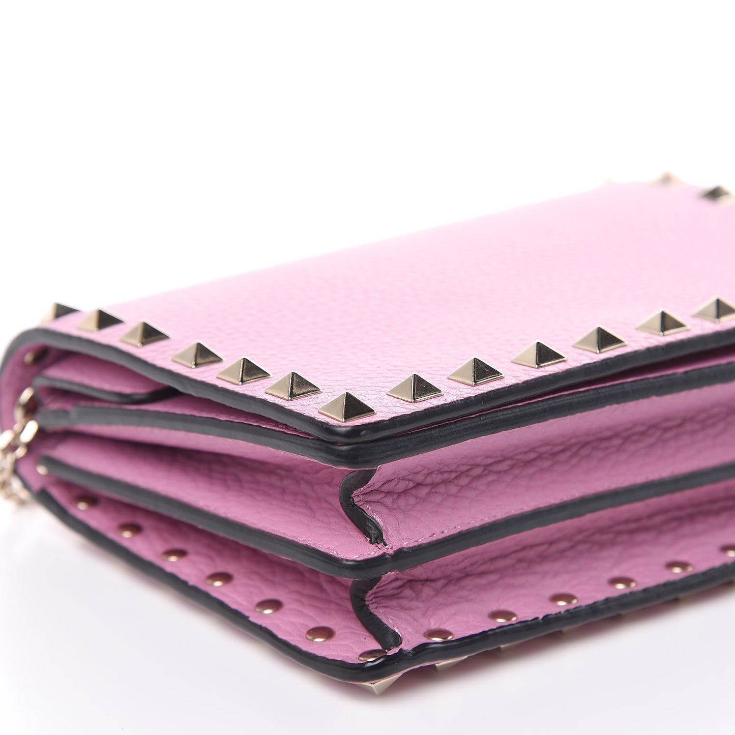 Grained Calfskin Rockstud Wallet on Chain Pink