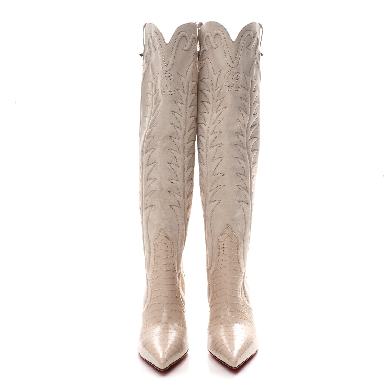 Christian Louboutin Calfskin Alligator Embossed Veau Velours Santia Botta 85 Tall Boots 40 Pearl 2 of 9