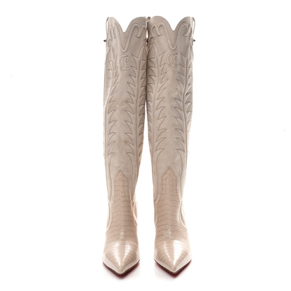 Christian Louboutin Calfskin Alligator Embossed Veau Velours Santia Botta 85 Tall Boots 40 Pearl 2 of 9