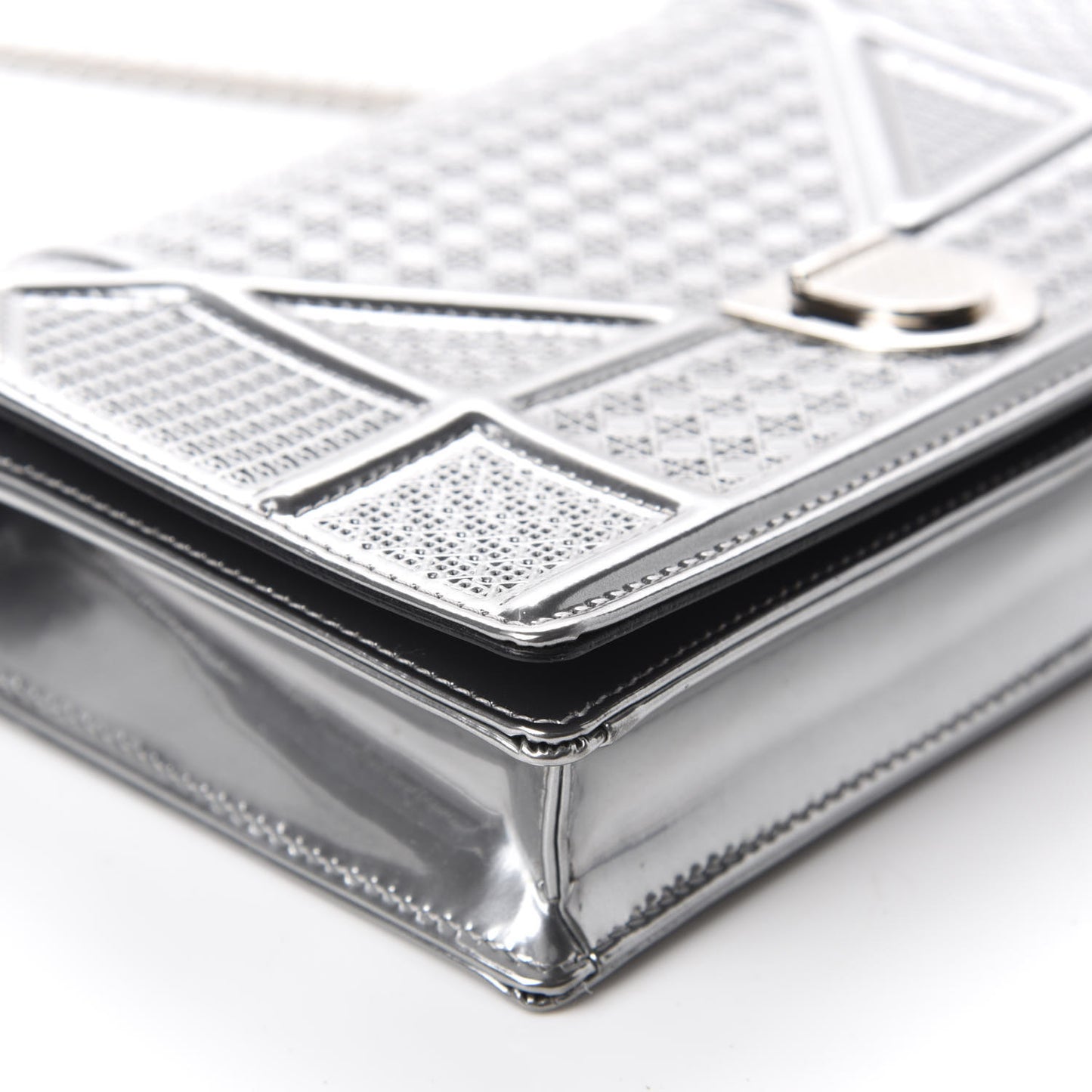 Metallic Patent Micro-Cannage Diorama Wallet on Chain Pouch Silver