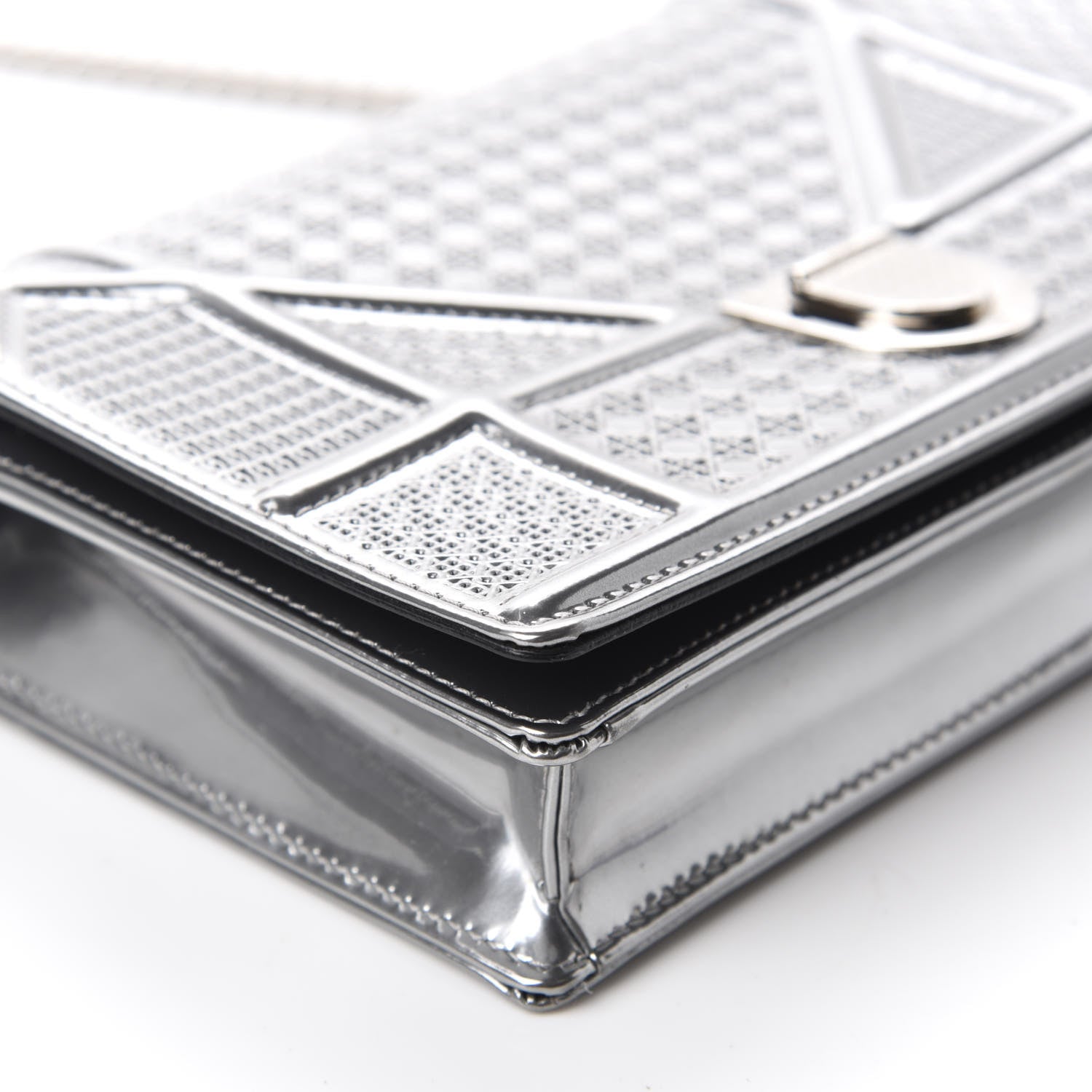 Christian Dior Metallic Patent Micro-Cannage Diorama Wallet on Chain Pouch Silver 6 of 10
