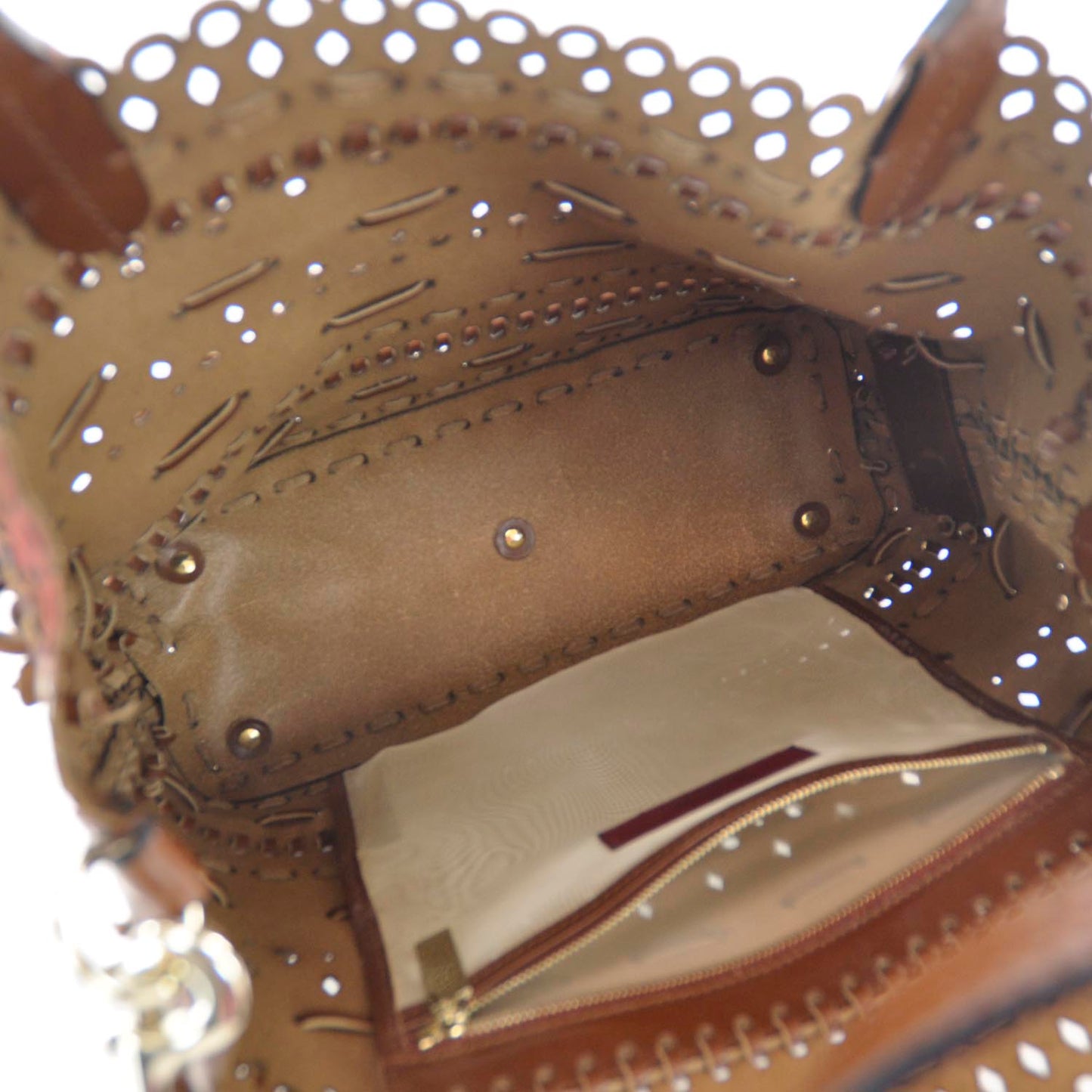 Calfskin Punched Lace Floral Tote Cognac