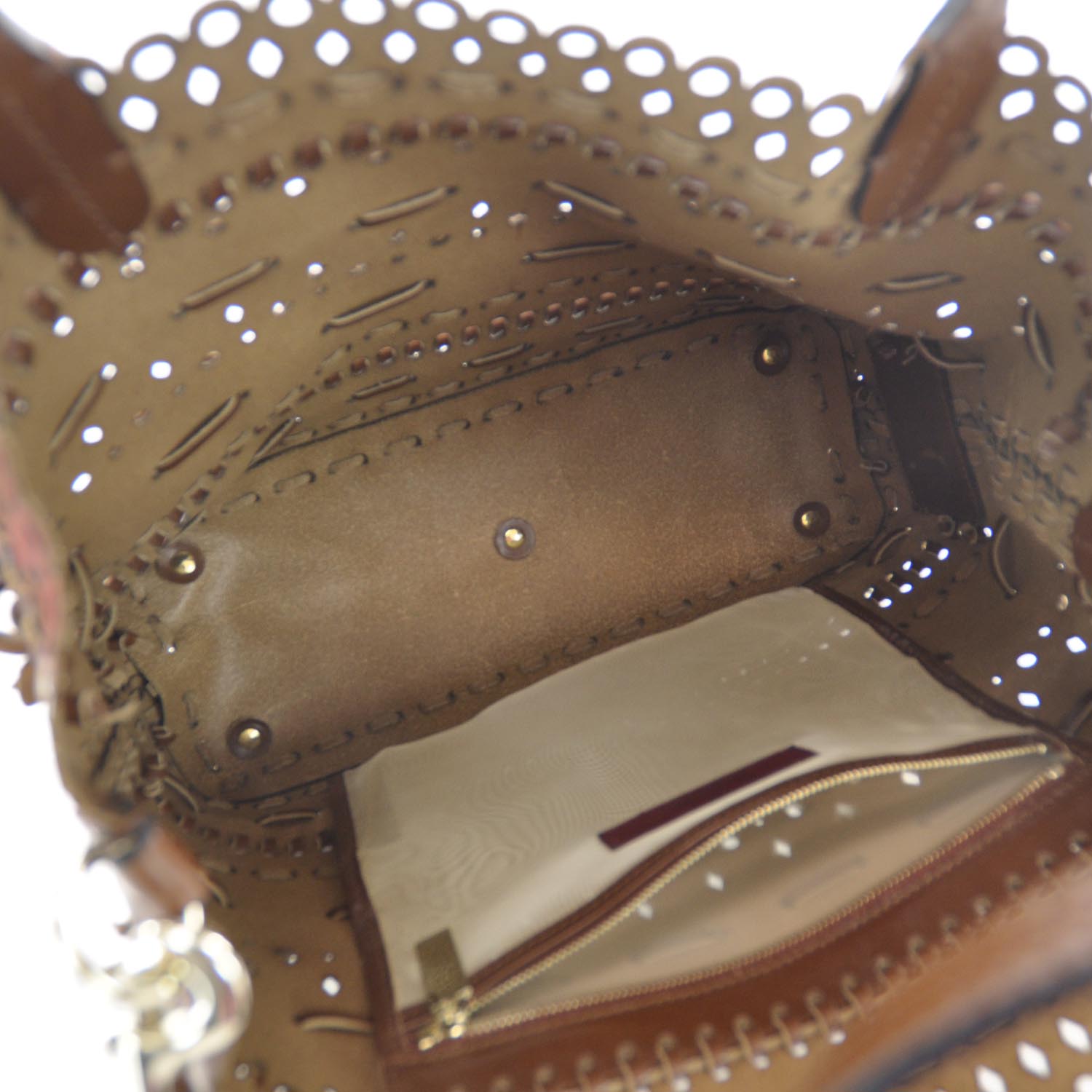 Valentino Garavani Calfskin Punched Lace Floral Tote Cognac 6 of 8