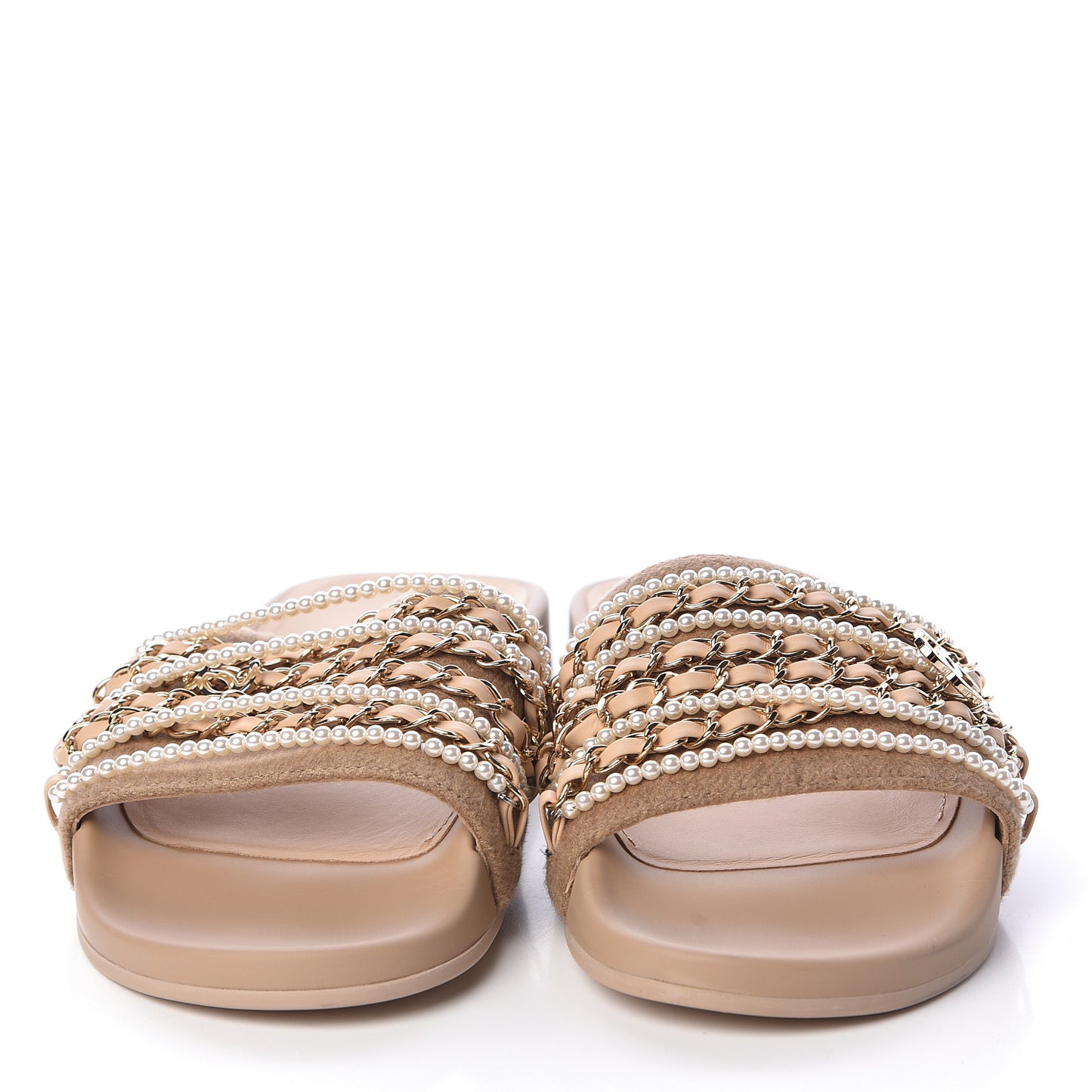 Tweed Pearl Chain Flat Sandals 38 Beige