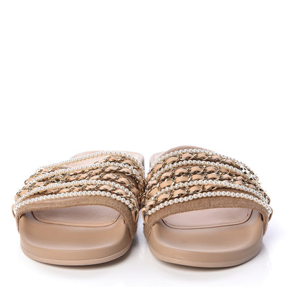 Chanel Tweed Pearl Chain Flat Sandals 38 Beige 2 of 8