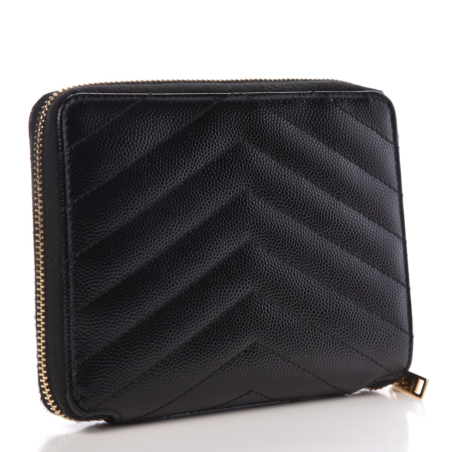 Saint Laurent Grain De Poudre Matelasse Chevron Monogram Compact Zip Around Wallet Black 3 of 8