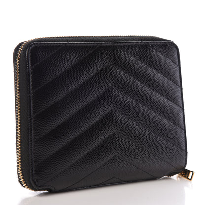Saint Laurent Grain De Poudre Matelasse Chevron Monogram Compact Zip Around Wallet Black 3 of 8