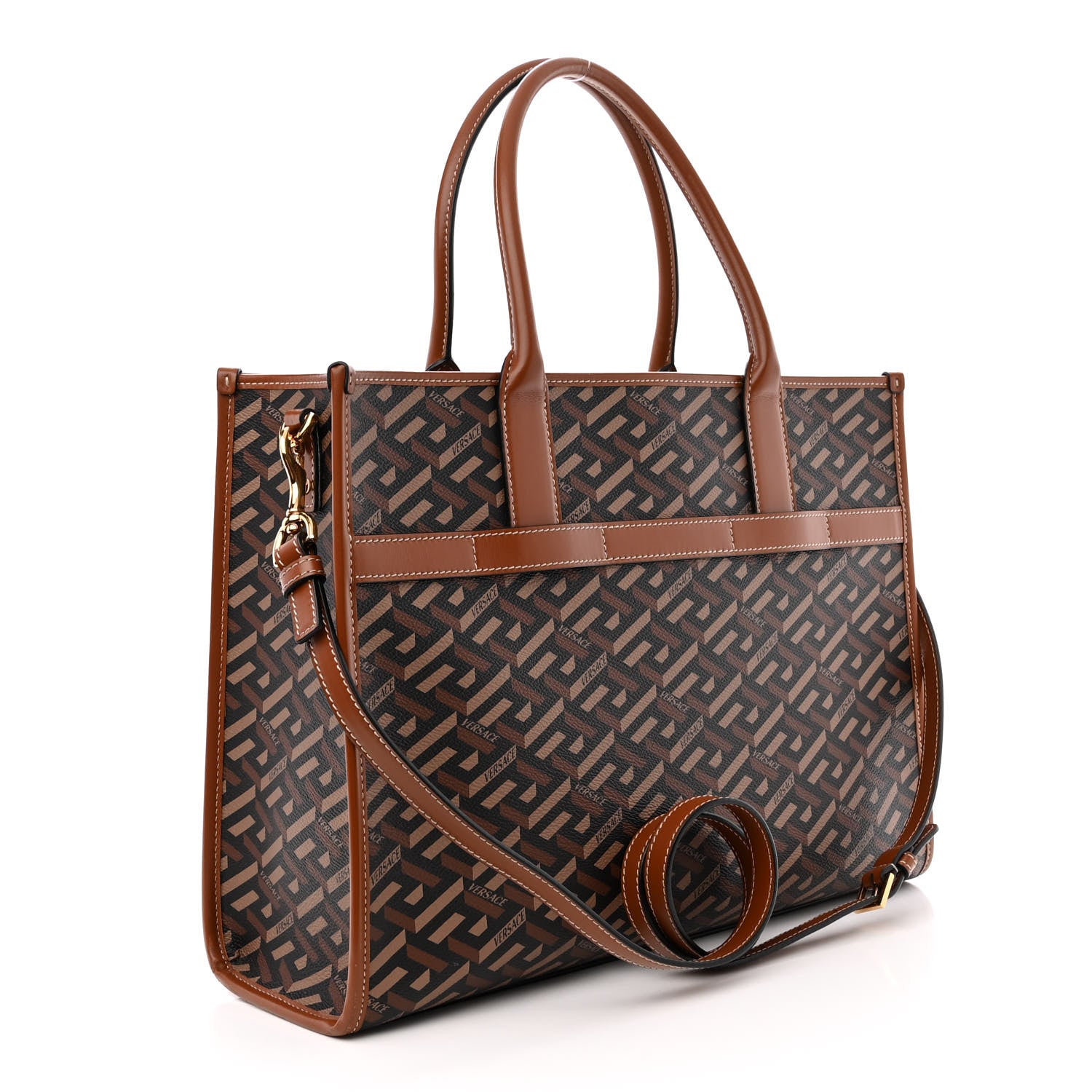 Versace Coated Canvas Calfskin La Greca Signature Tote Bag Black Caramel 3 of 10