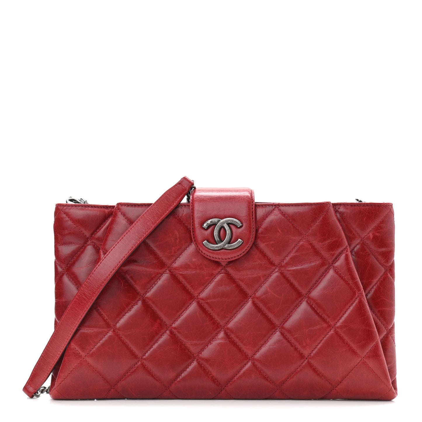Aged Calfskin Quilted Zip Clutch Dark Red