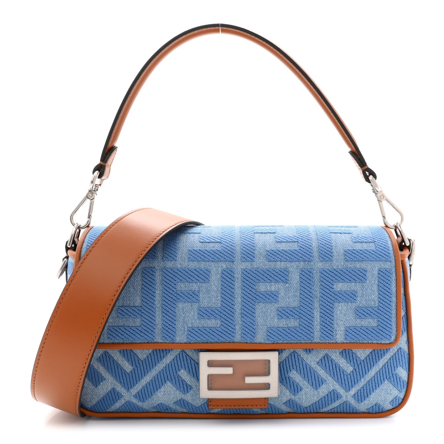 Fendi Denim Vitello King FF Embroidered Baguette Denim Chiaro Brandy 1 of 10