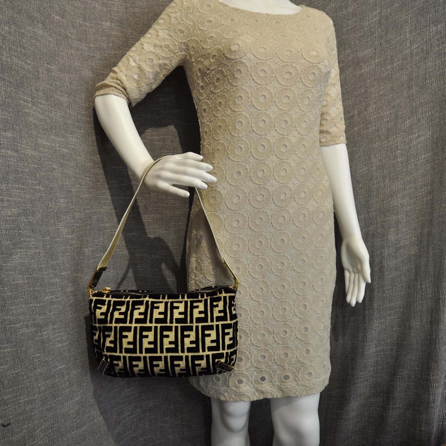 Fendi Velvet Zucca Lizard Shoulder Bag Beige 2 of 7